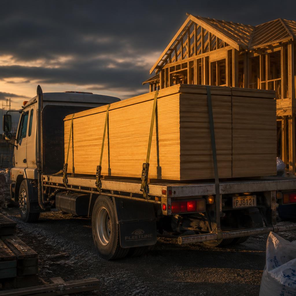 Flatbed truck loaded with plywood at a jobsite
